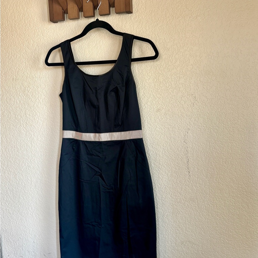 Club Monaco Elegant Black Midi Dress with Cream Band